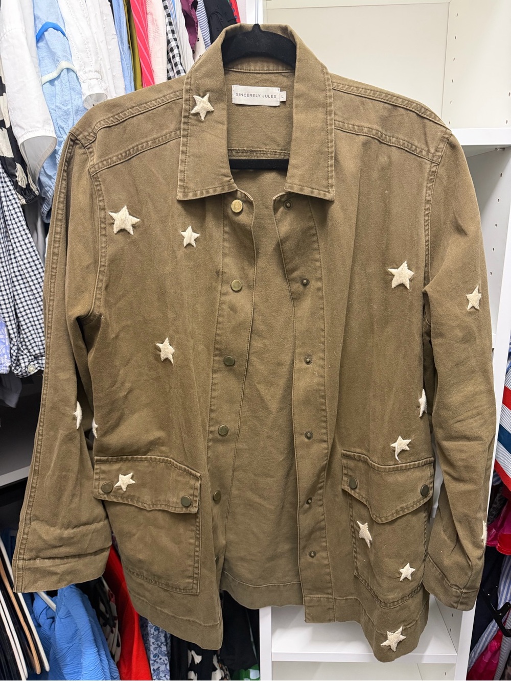 Sincerly Jules “Bailey” Olive Green Star Embroidered Utility Jacket
